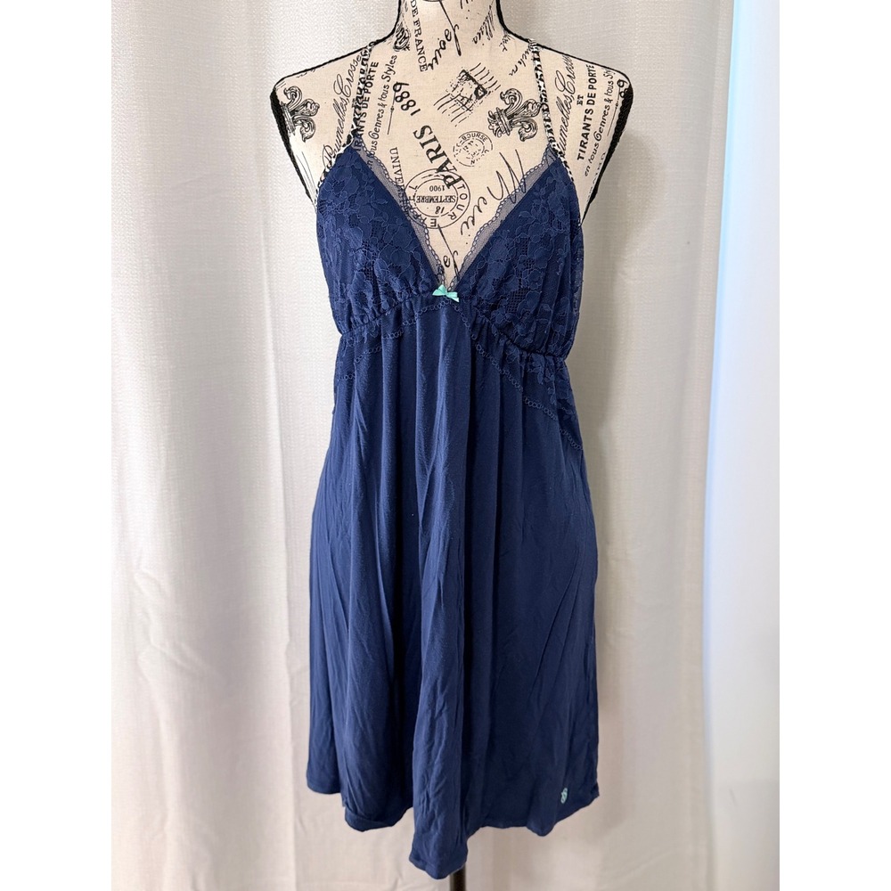 Victoria's Secret Navy Blue Lace Trim Modal Babydoll Chemise Nightgown Large